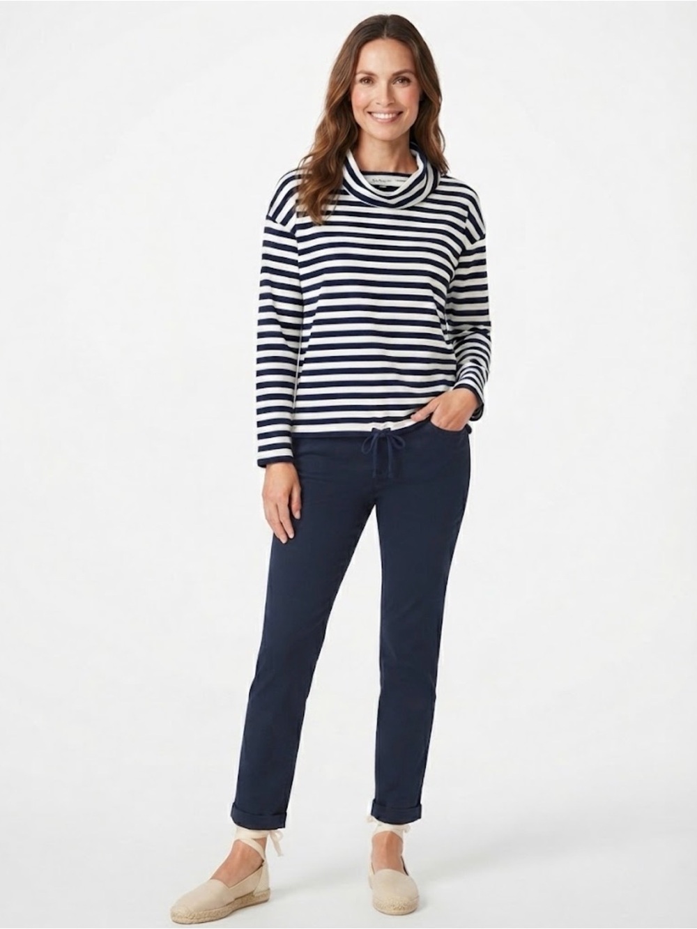 Kim Rogers Navy and White Striped Cowl Neck Sweater